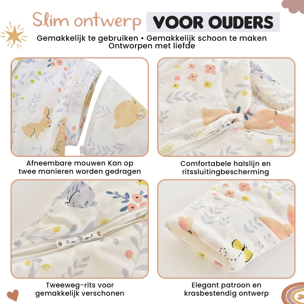 Bidiboo baby slaapzak winter herfst met afritsbare mouwen Konijnenprint