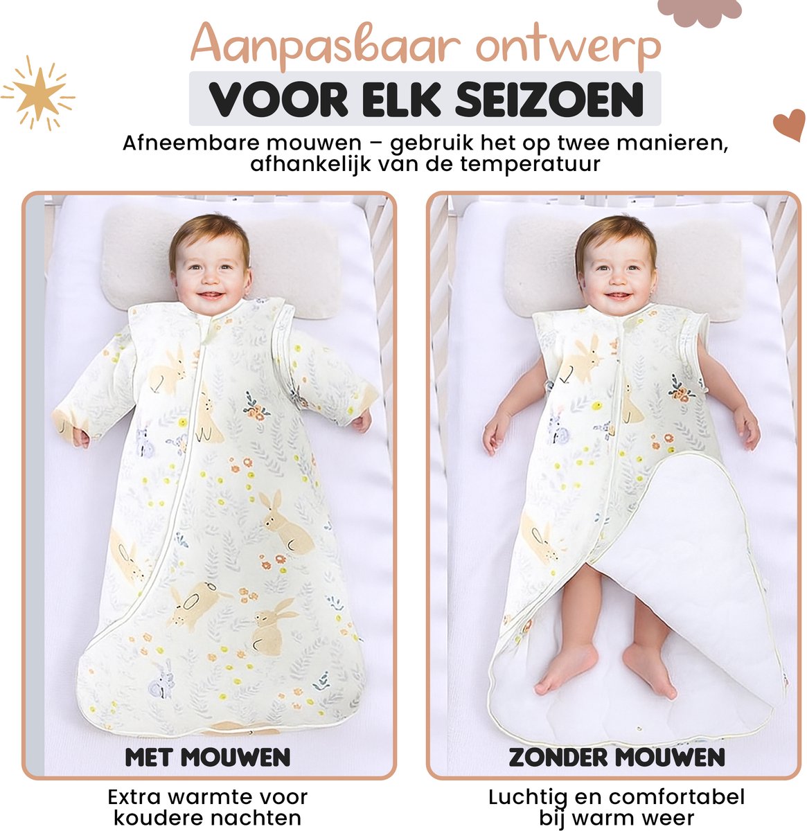 Bidiboo baby slaapzak winter herfst met afritsbare mouwen Konijnenprint