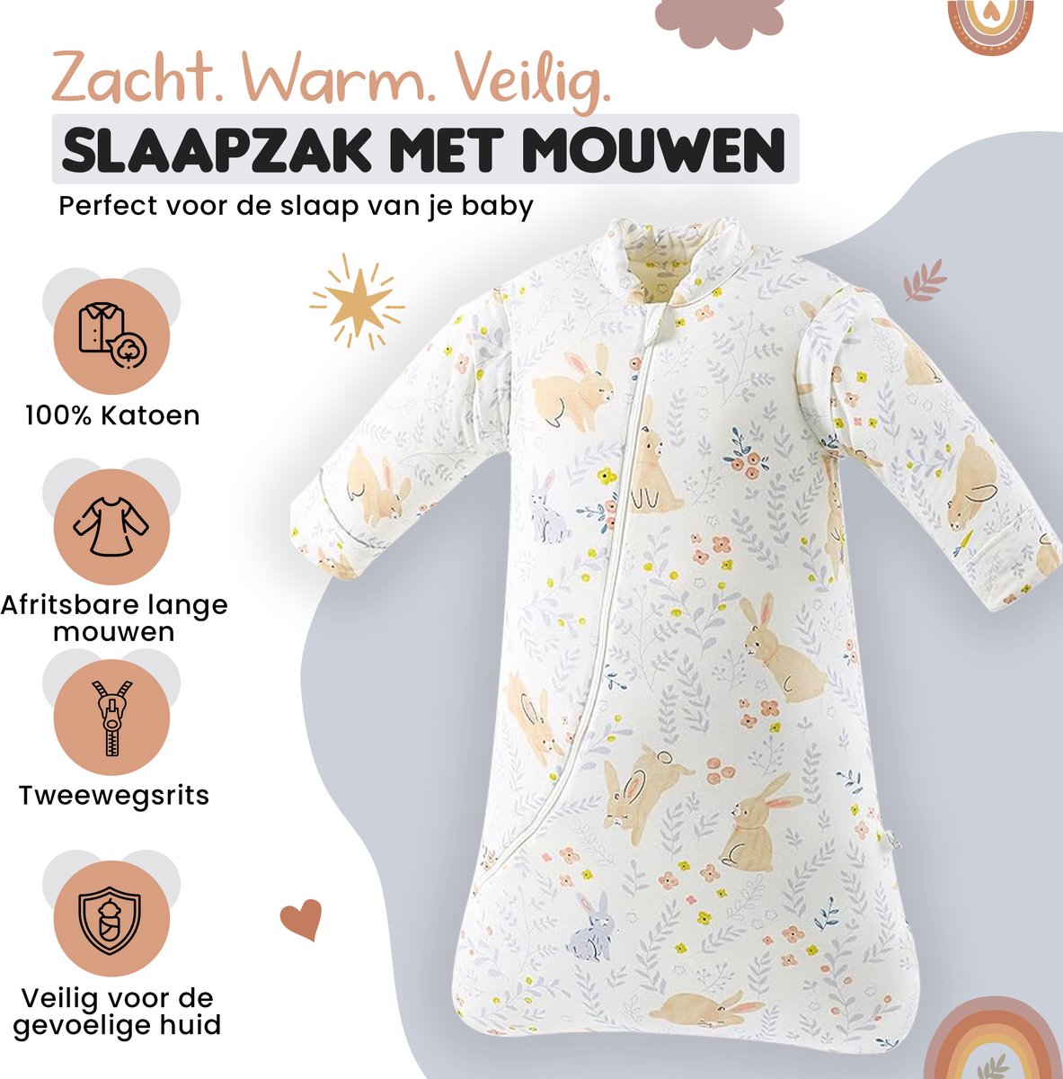 Bidiboo baby slaapzak winter herfst met afritsbare mouwen Konijnenprint