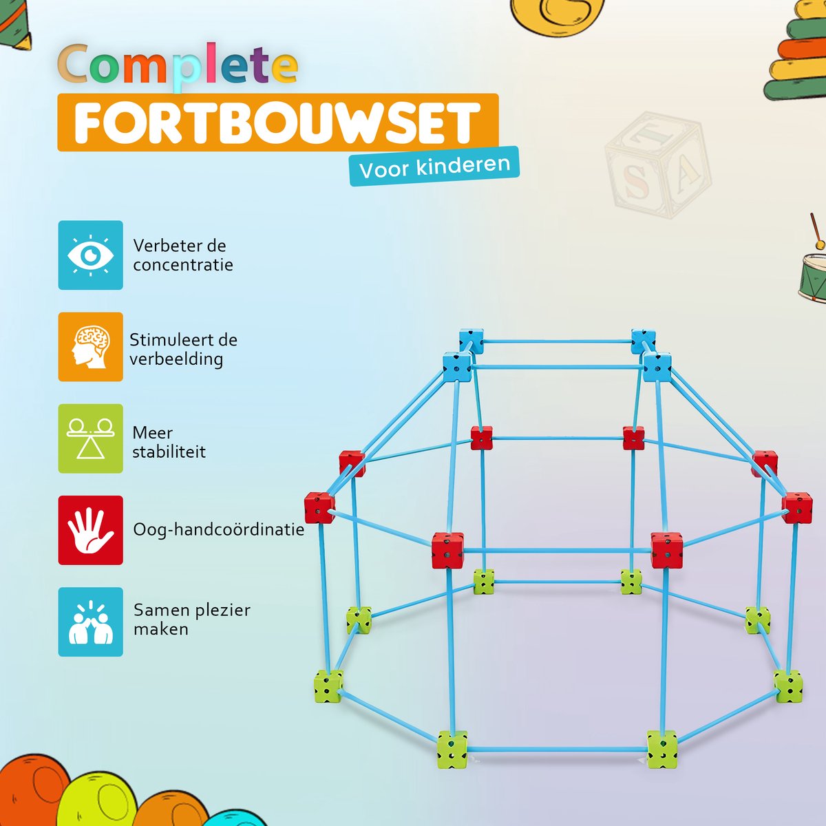 Fort Bouwset voor Kinderen – 88 Delige Bouwset met Stokken & Verbindingsballen