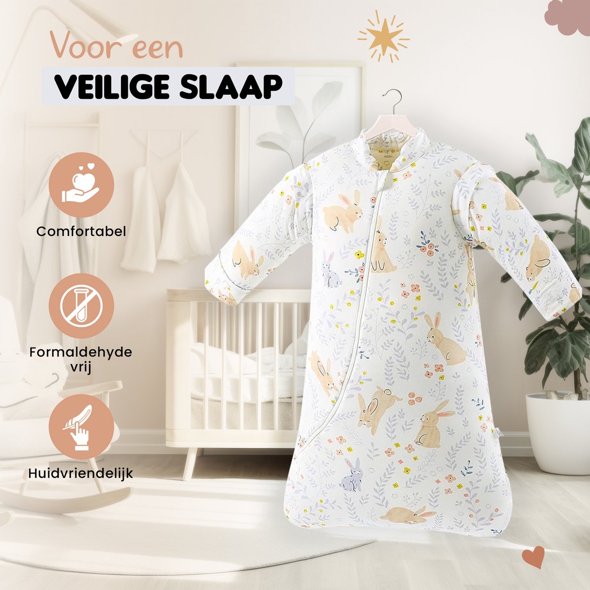 Bidiboo baby slaapzak winter herfst met afritsbare mouwen Konijnenprint