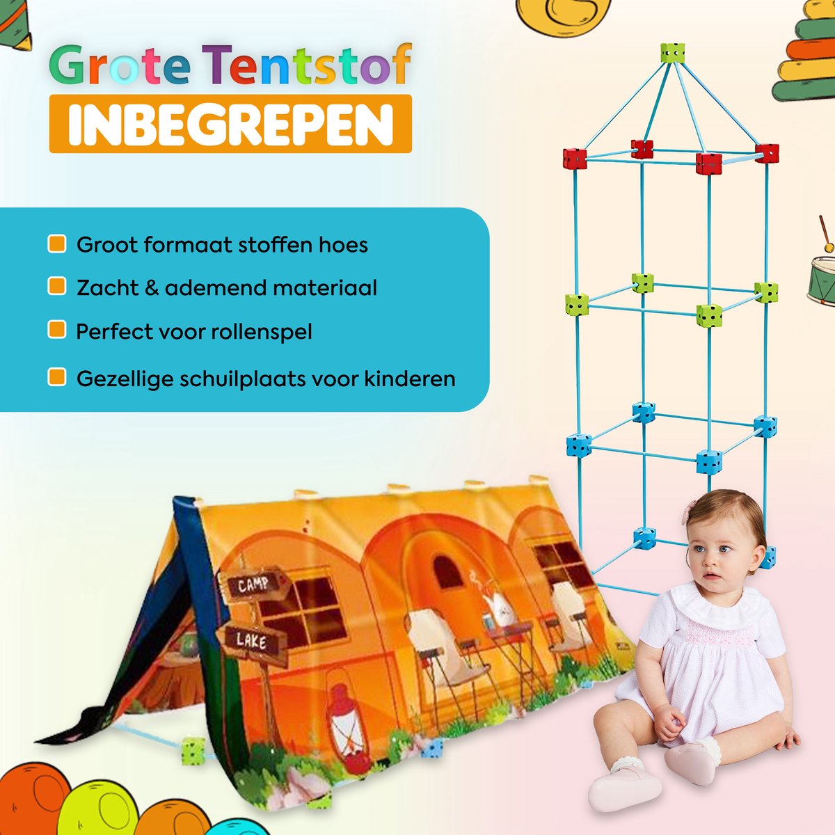 Fort Bouwset voor Kinderen – 88 Delige Bouwset met Stokken & Verbindingsballen